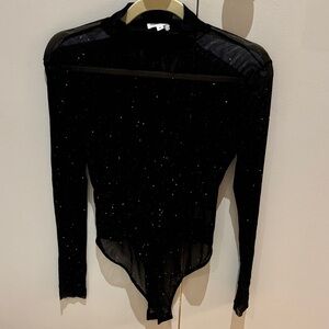 Superdown Black Sparkle Long Sleeve Sheer Bodysuit